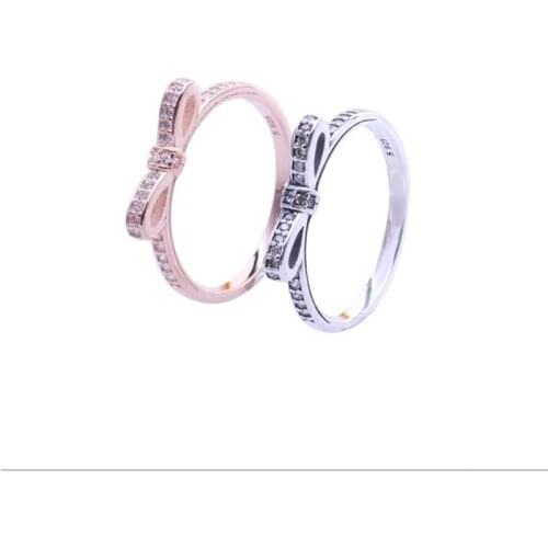 Authentic 925 Sterling Silver pan Ring Fine SParkling Bow With Crystal Rings For Women Wedding Party Gift Fine Jewelry