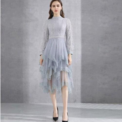 2021 spring and summer womens new products show thin sexy stand collar long sleeve temperament dress Sequin irregular mid long