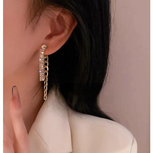 Metal Chain Zircon Long Dangle Earrings Female Temperament High Sense Tassel Big Drop Earrings for Women Jewelry