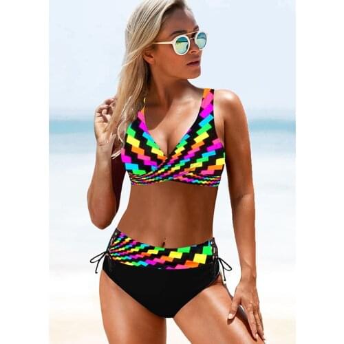 2021 New Sexy Bikinis Set Colorful Striped Push Up Bikini Summer Padded Bra Plus Size Swimsuit Female Swimwear Women Biquini