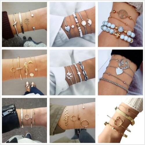 4 Pcs/ Set Classic Arrow Shell Map Crystal Multilayer Adjustable Open Bracelet Set Women Fashion Party Jewelry Multiple Styles