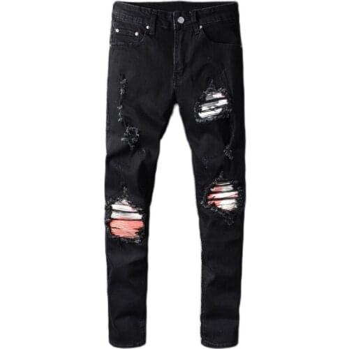 New Mens Male Trousers High Street Fashion Brand Autumn Black New Black Knee Hole Patch Jeans Stretch Slim Pants