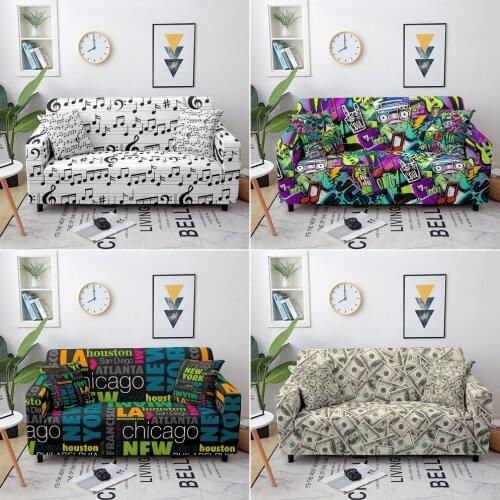 Graffiti Printed Sofa Slipcover Stretch Elastic Sofa Covers for Living Room L Shape Corner Couch Cover 1-4 Seater
