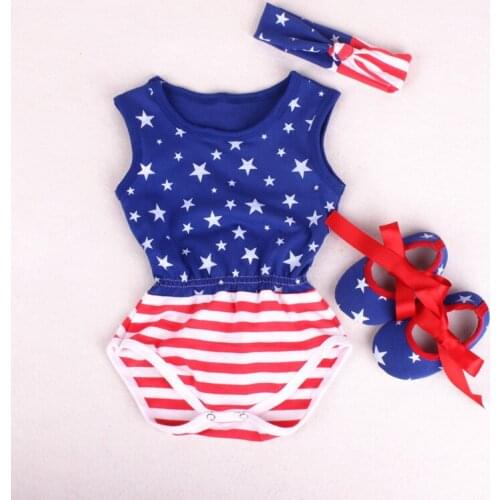 USA Flag Baby Bodysuits Shoe Hairband Suit Newborn Jumpsuits Clothes Set Cotton Summer Boy Outfits Sleeveless Shirts Star 0-2Y