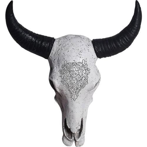 Long Horn Cow Skull Head Wall Hanging Decoration 3D Animal Wildlife Resin Sculpture Figurines Crafts Horns For Home Ornaments