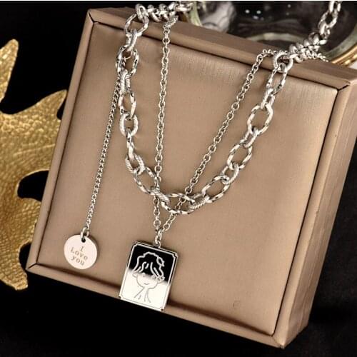 Stainless steel double necklaces, delicate tassel Pendant of little boys head, luxurious and fashionable womens gift jewelry