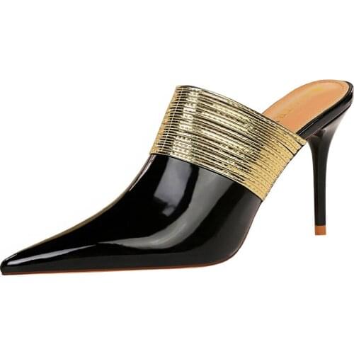 European and American style retro fashion thin heel half drag Baotou drag deep mouth pointed metal decorative womens slippers