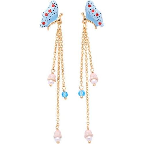 French Butterfly Flower Earrings Personalized Net Rred Long Tassel Fairy Face Earrings Female hand-painted Enamel Stud Earrings