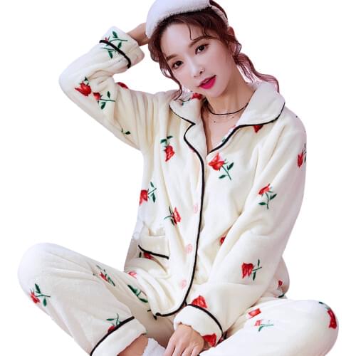 H5866 Plush Sleepwear Female Winter Long Sleeve Pajamas Suit Thickened Flannel Home Wear Autumn Winter Coral Fleece Nightwear