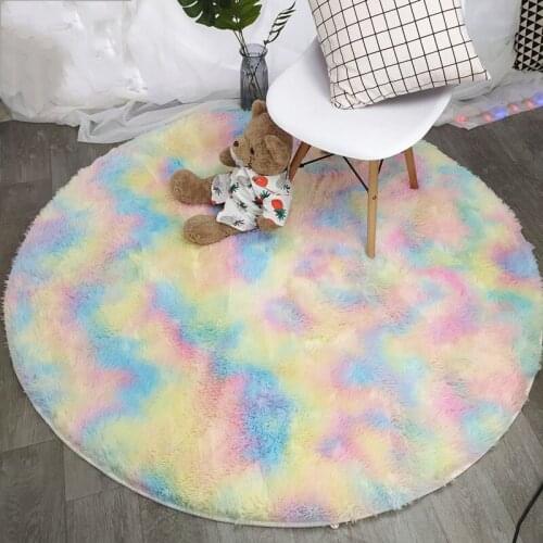 Nordic Colorful Furry Round Carpet Living Room Decoration Rainbow Colored Blanket Bedroom Girls Kids Room Mat Room Carpet