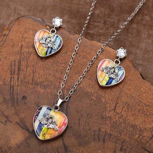 Lotus Chakra Heart Pendant Zircon Pave Pin Stainless Steel Earrings Necklace Jewelry Set