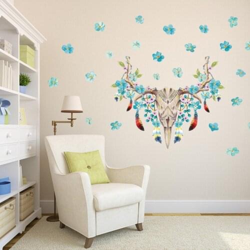 Blue Flowers Feather Animals Head Wall Decal Home Decor Living Room Hallway Wallpaper Poster Removable Skull Wall Stickers Art