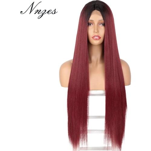 NNZES 24&30 Inches Long Straight Ombre Red Synthetic Wig Middle Part Wigs for Women Pink Blonde Color Heat Resistant Fiber