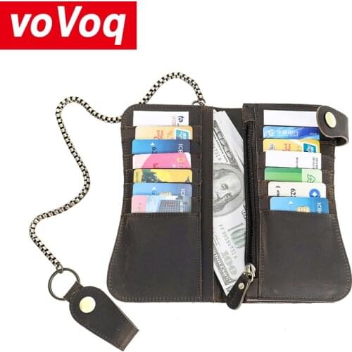 New Mens Vintage Crazy Horse Leather Chain Wallets Genuine Leather Bifold Long Wallet Snap Card Holder Purse Zipper Coin Pocket