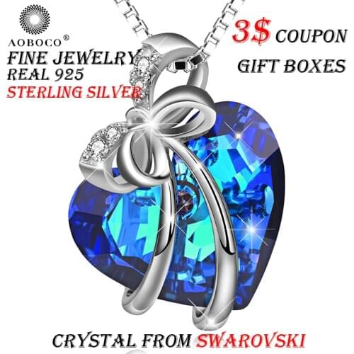 AOBOCO Brand Sweet Bow-knot Blue Heart Pendant Necklace Romantic Choker For Women Girl ,Crystal From Swarovski ,With Gift Boxes