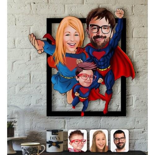 Personalized Super Family Caricature OF 3D Wood Tablo-1
