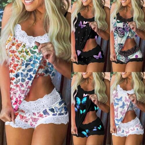 Women New Print Pajamas Sleeveless Lace Cami Shorts Lingerie Sleepwear Set Fashion Sexy Tank Top Нижнее Белье Женское 2021
