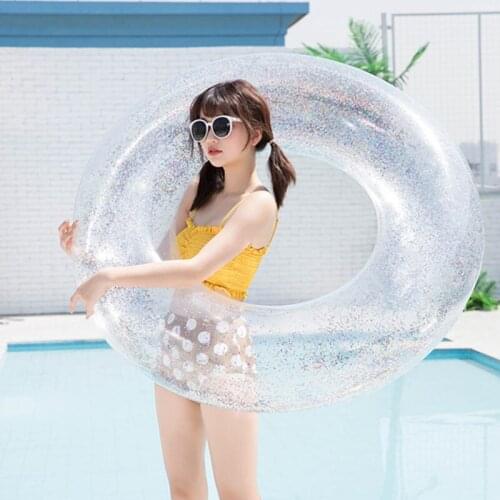 Adults Pool Floating Island for Swimming Transparent PVC Swimming circle with Colorful Sequins Pool Floating Mattress PVC Boats
