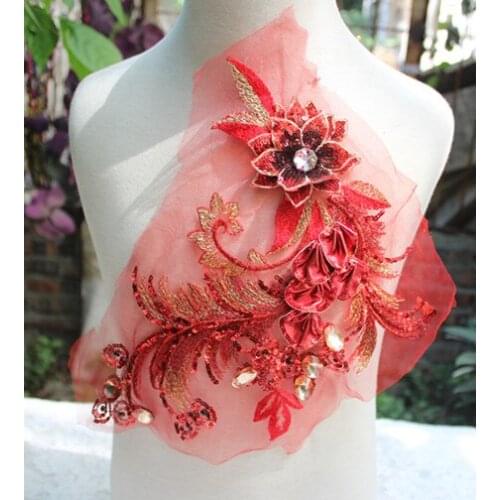 Size-27*17cm(2pcs/lot) Free Shipping Red 3D Sequined Lace Applique with Acrylic Stones for Garment Decoration