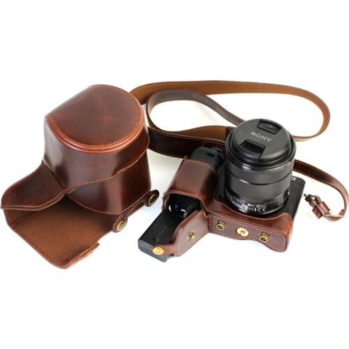 Deluxe Edition Camera Case PU Leather Camera Strap Bag For Sony A6300 18-55mm Lens+Bottom Opening Battery Leather Strap Bag