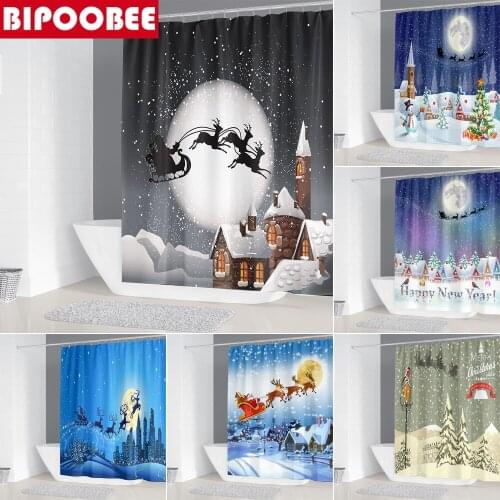 Merry Christmas Shower Curtain with 12 Hooks Xmas Santa Claus Sled Bathtub Bath Screen Waterproof Polyester Bathroom Curtains