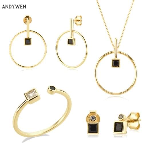 ANDYWEN 925 Sterling Silver Gold Clear Black Zircon Crystal Earring Stud Piercing Ring Jewelry Set 2021 Wedding Gift Fashion