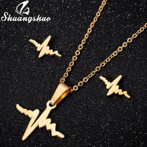 Shuangshuo New Women Heartbeat Jewelry Gifts Girl ECG Necklace Earrings Fashion Indian Wedding Women Accessories Friendship