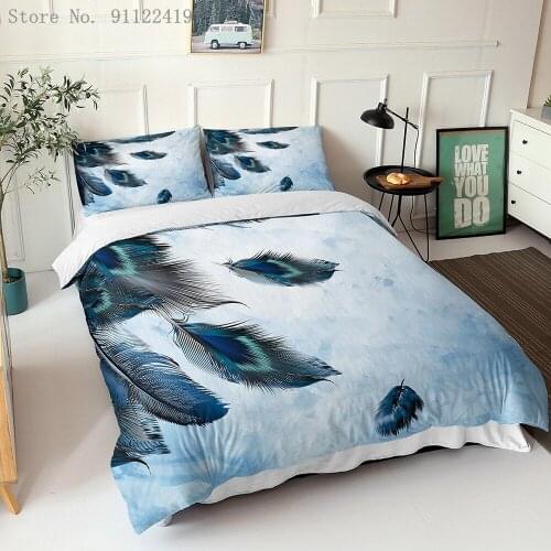 Blue Green Feather Duvet Cover Queen Size Fashion Luxury Bedding Comforter Cover Set 3D Print Bedspread For Bedroom