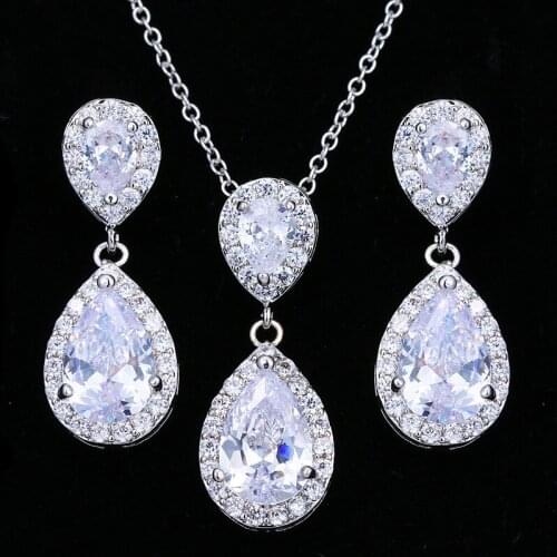 SLBRIDAL Austrian Rhinestone Teardrop Cubic Zircon Jewelry Set Bridal Wedding CZ Necklace Pendant Earring Set Fashion Jewelry