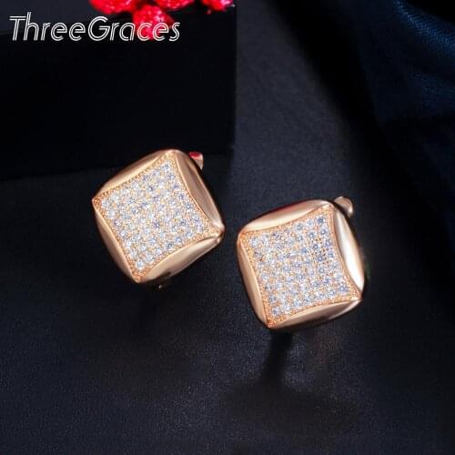 ThreeGraces Chic Mirco Pave Cubic Zirconia Yellow Gold Big Classic Square Stud Earrings for Women Trendy Party Jewelry ER517