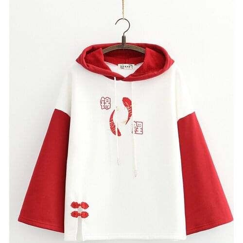 Womens Hooded Sweatshirt Cartoon Embroidery Hoodies Flare Sleeve Pullover Tracksuits 2020 Winter Clothes For Sweet Girl