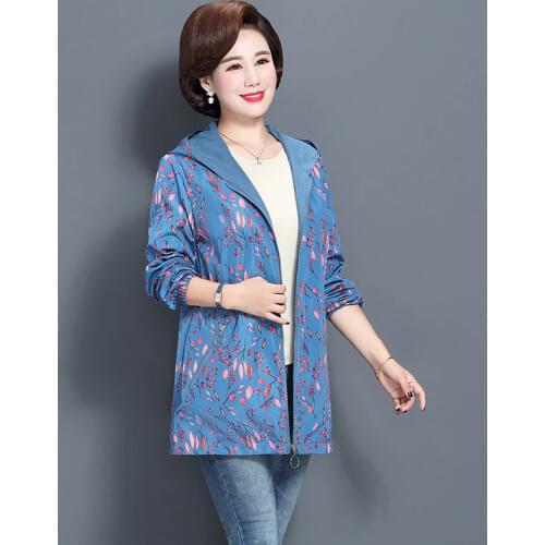 Women Trench Coat Spring Autumn Fashion Print Thin Female Both Sides Wear Overcoat Middle Aged Mother Hooded Windbreaker W1873