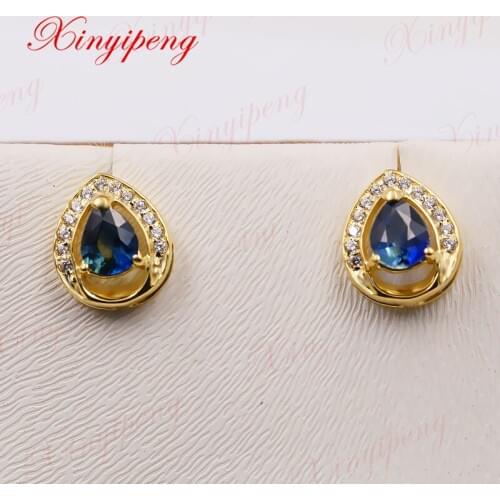 Xinyipeng18K yellow gold inlaid natural sapphire studs women shape appears as the droplets form