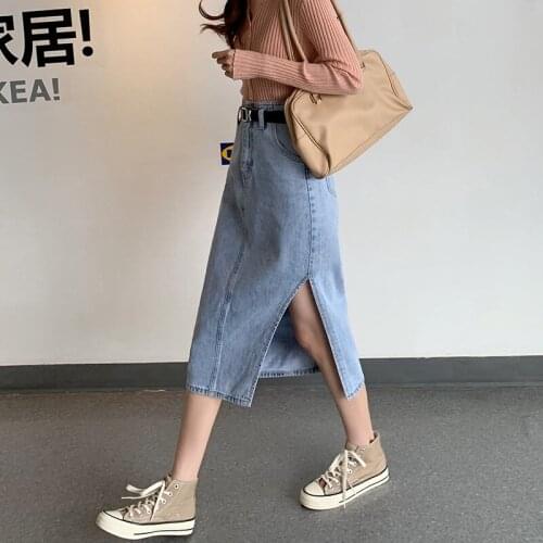 Side Slit Skirt Women 2021 New Chic Retro Light Color Straight Denim Skirt Mid-Length High Waist One Step Slim Korean Saia zh483