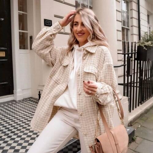 Za Tweed womens Retro pearl Plaid Shirt 2021 spring and autumn fashion womens street dress loose shirt elegant jacket coat