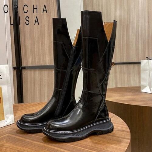 Genuine Leather Brand Design Women Patchwork Rain Knee High Boots Platform Zipper Riding Knight Rainboots Anti Water Shoes S2373