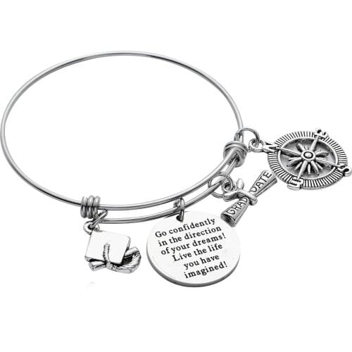 12PC Wholesale Family Friend Graduate Go Confidently The Direction Stainless Steel Inspiration Compass Pendant Bracelet Bangle