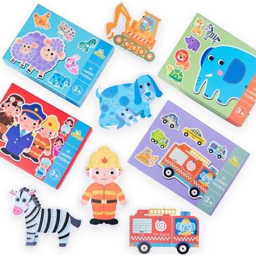 33 Piece Large Size Wooden Matching 3D Puzzle Toy Animal Transportation Jigsaw Cognitive Early Educational Toys for Kid Children