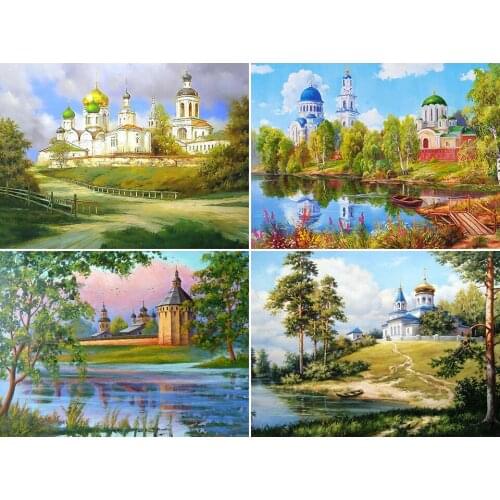 Sale Diy 5D Diamond Painting Landscape Church Cross Stitch Full Drill Embroidery Mosaic Art Picture of Rhinestones Home Decor