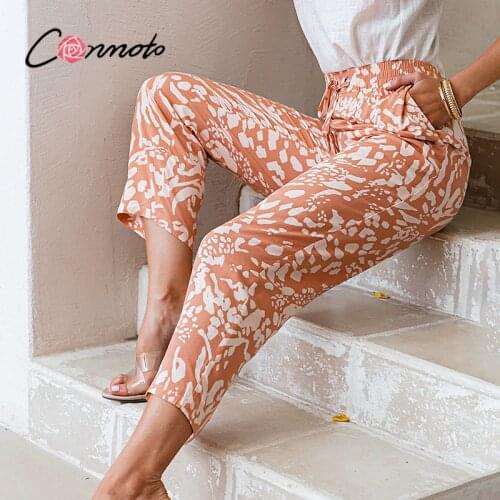 Conmoto Causal print elastic waist holiday pants Loose wide legs lace up trousers woman Fashion high waist summer pants 2021 new