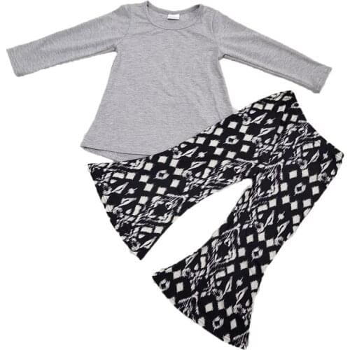 Children grey top and black and white pants clothing set girl o-neck outfit