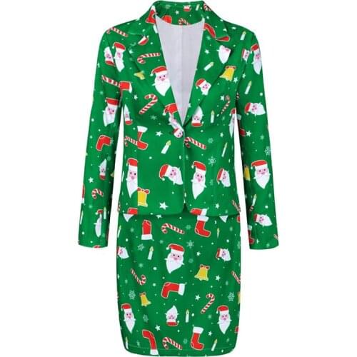 Christmas 2 Picec Sets Women Long Sleeve Blazer Coat Short Skirt Sets Women Autumn Print Streetwear Fashion Suits Female CX1660