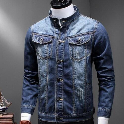 Classic Male Retro Washed Denim Stand Collar Casual Mens Jeans Jacket Trucker Biker Motorcycle Coat Slim Fit Outwear Plus Size