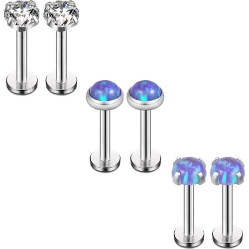 Opal & Clear CZ Internally Threaded Stainless Steel Labret Monroe Lip Ring Tragus Helix Earring Stud 16G 1/4 6mm 6PCS