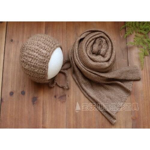Brown Crochet Mohair Bonnet hat Newborn stretch Knit Wrap Photography props Baby Swaddle Blanket Sack