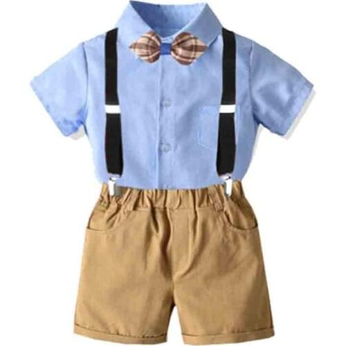 Summer Boys Gentleman Suits Bow Shirt+Strap Shorts Baby Toddler Boy Clothing Sets Children Boys Birthday Party Formal Outfits