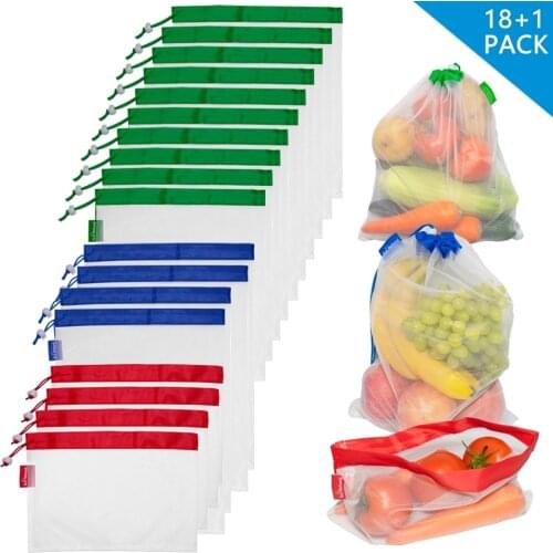 19 Psc 3 Size Reusable Mesh Produce Bag Washable Premium Through Lightweight Mesh Bags for Grocery Bag Holder Fruit Vegetable