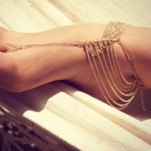 Gold Silver Color Hyperbole Multilayer Tassel Chain Ankle Anklet Fashion Toe Ring Anklet Barefoot Sandals Foot Jewelry For Women