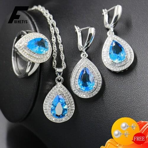 Trendy Rings Earrings Necklace 925 Silver Jewelry Set for Women Wedding Party Water Drop Shape Sapphire Zircon Gemstone Ornament