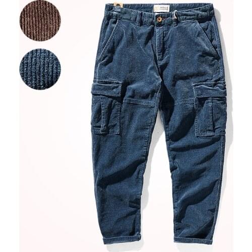2021 Autumn and Winter Corduroy Casual Pants Mens Fashion Japanese Retro Thick Stretch Washed Old Loose Pocket Tooling Pants